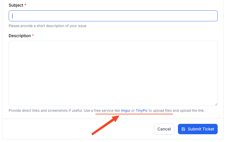 This image is a screenshot of Klasio Ticket Submission window with the instruction to include images or references in highlight.