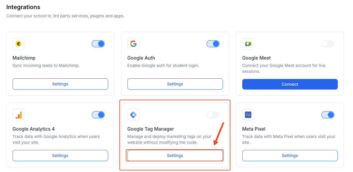 This image is a screenshot of Klasio integrations tab under settings menu with the Google Tag Manager widget in highlight.