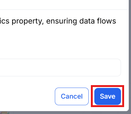 This image is a screenshot of Klasio Google Analytics 4 Modal pop up with the Save button in highlight.