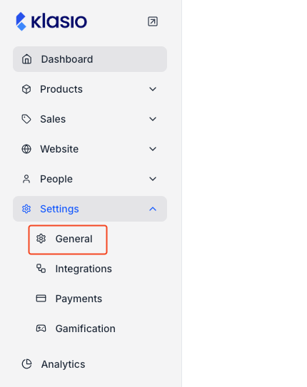 This image is a screenshot of Klasio Settings menu with General tab in highlight.