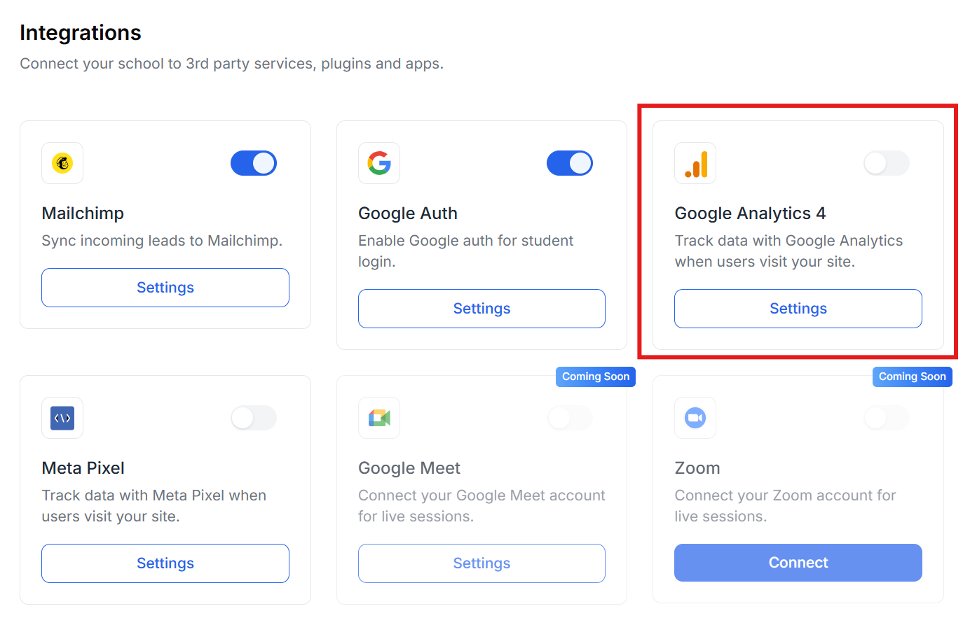 This image is a screenshot of Klasio integrations tab under settings menu with the Google Analytics 4 widget in highlight.