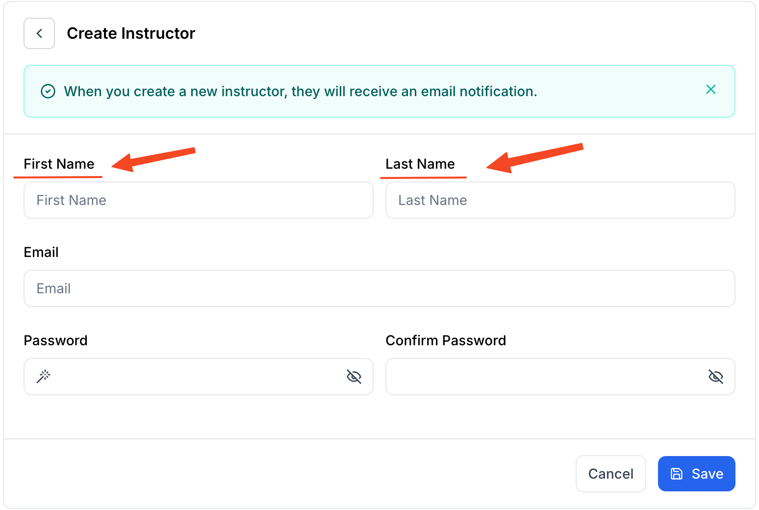 This image is a screenshot of Klasio New Instructor profile creation pop up with the option to insert instructor first name and last name in highlight.