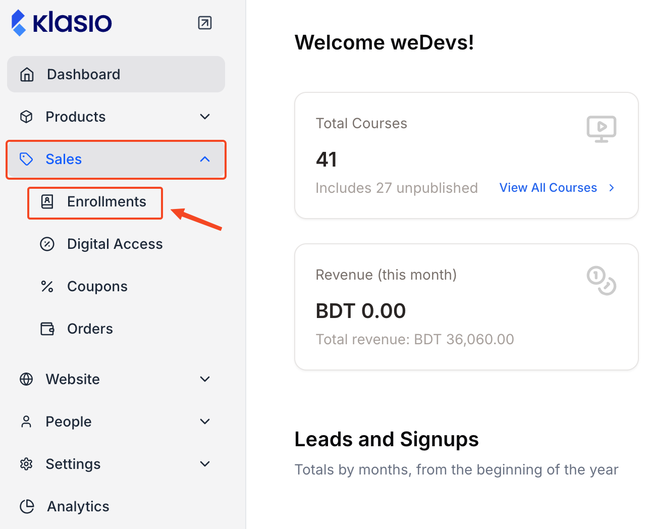 This image is a screenshot of Klasio admin dashboard with the Enrollments tab under Sales menu