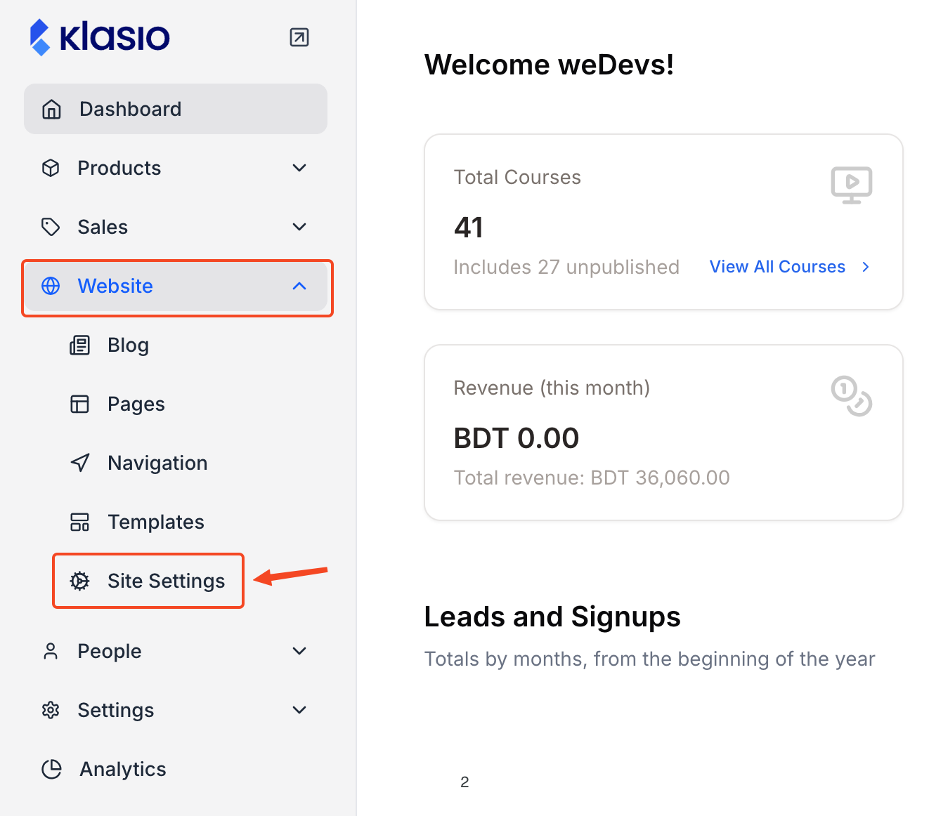 This image is a screenshot of Digital Presence tab under Klasio Website menu settings.