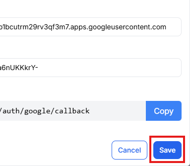 This image is a screenshot of Klasio integrations menu with Save button on the Google Auth configuration pop up in highlight.