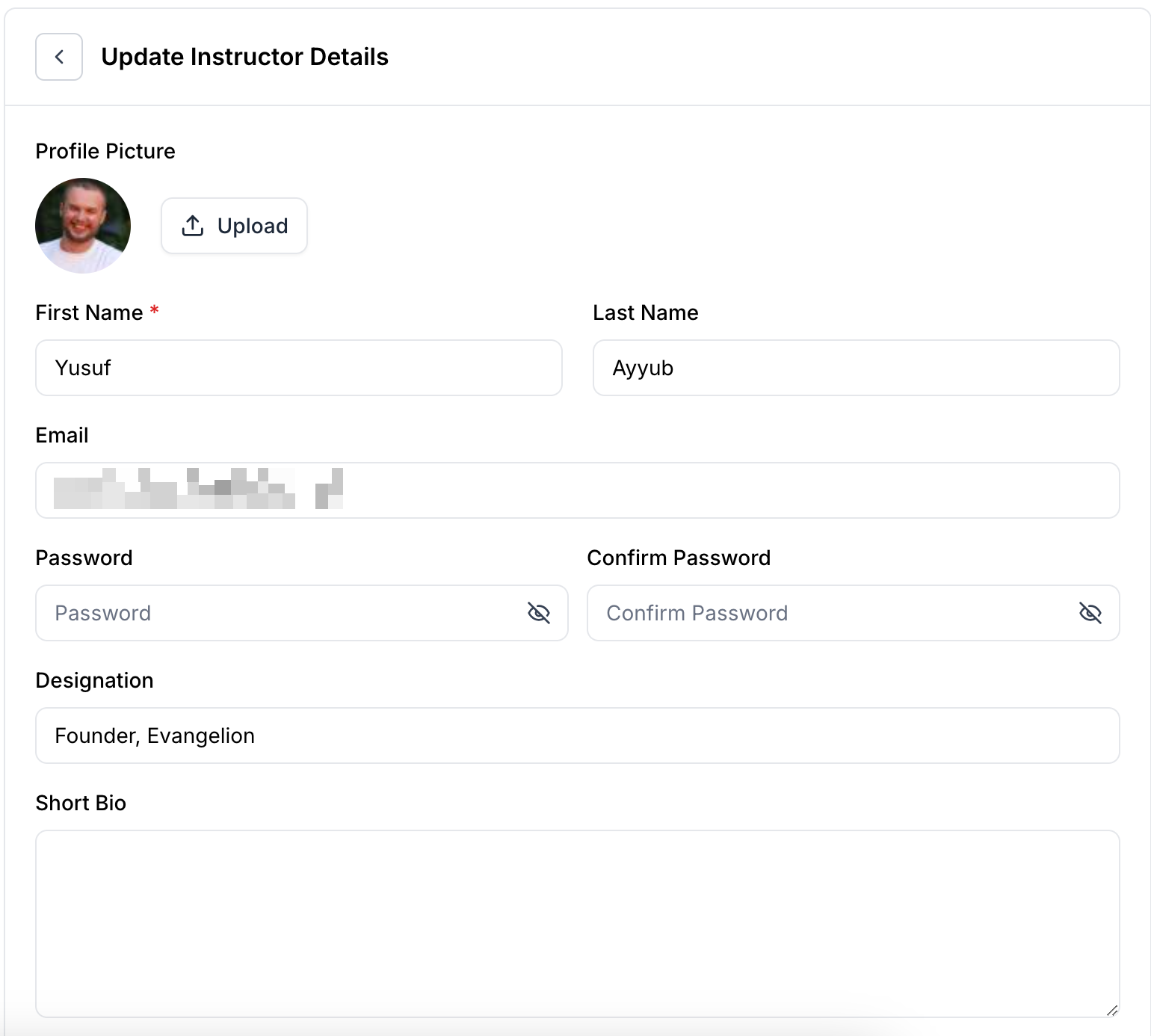 This image is a screenshot of Klasio Instructor's information form.