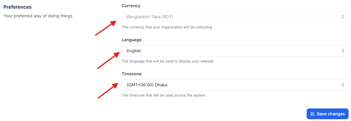 This image is a screenshot of Klasio General tab under settings menu with the option to change Currency, Language and Timezone in highlight.
