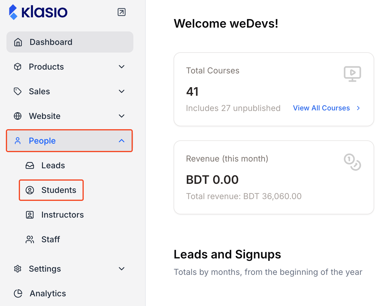 This image is a screenshot of Klasio navigation menu with the Students tab under People in highlight.