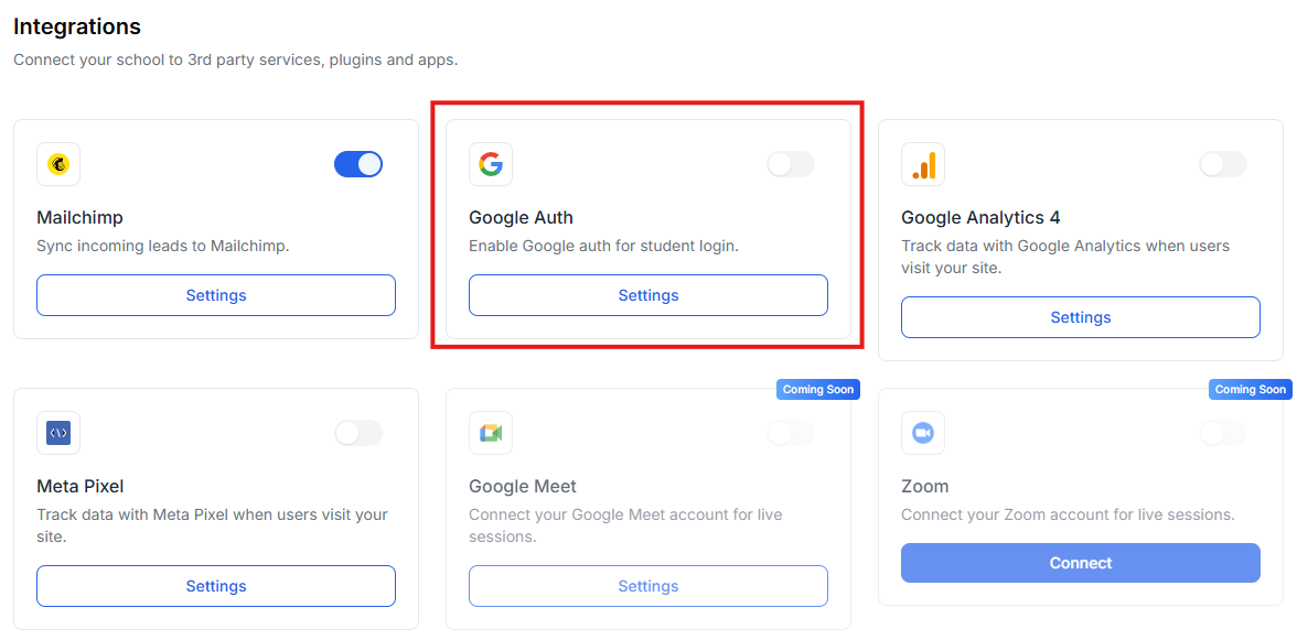 This image is a screenshot of Klasio integrations menu with Google Auth widget in highlight.