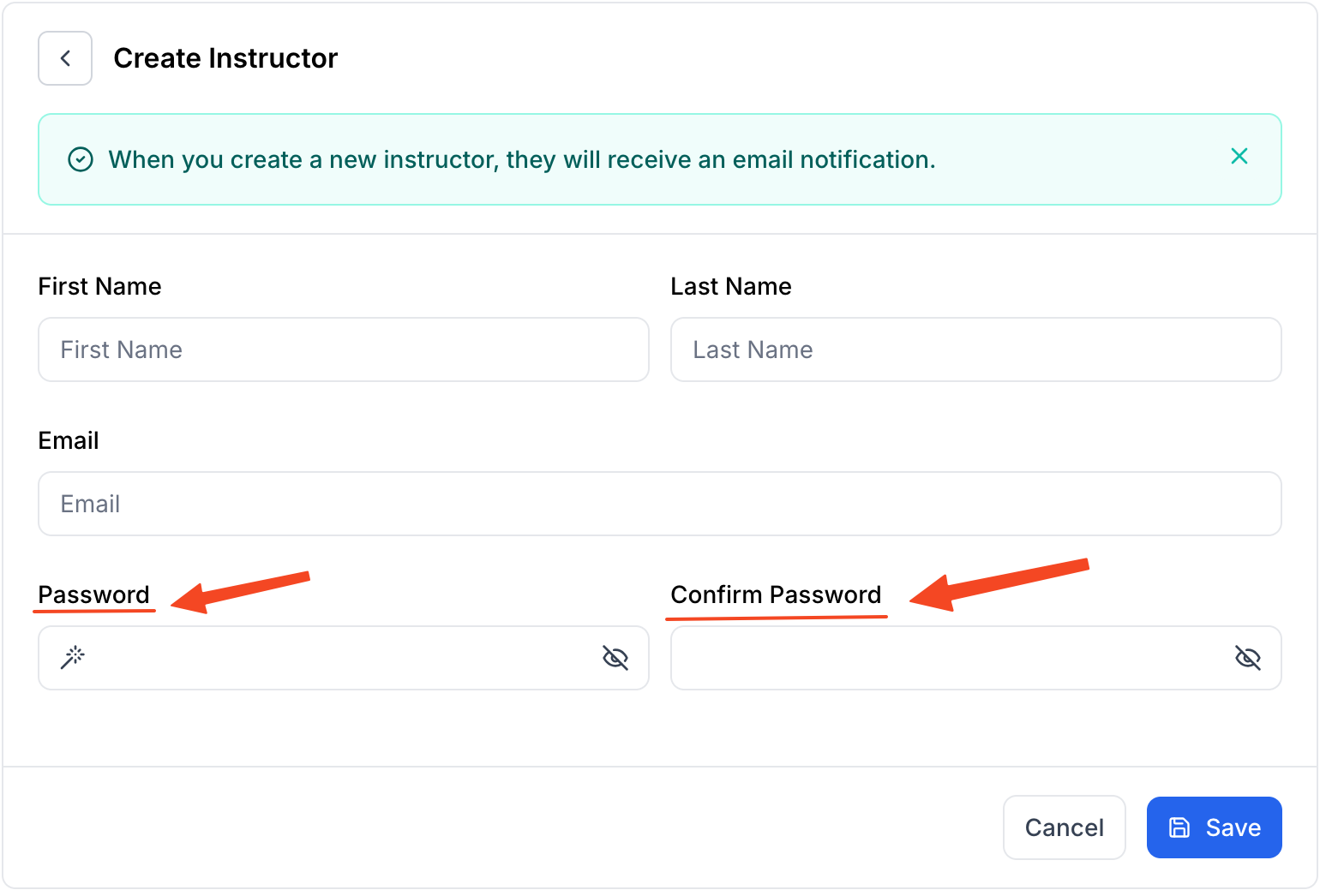 This image is a screenshot of Klasio New instructor profile creation pop up with the option to set up a password in highlight.