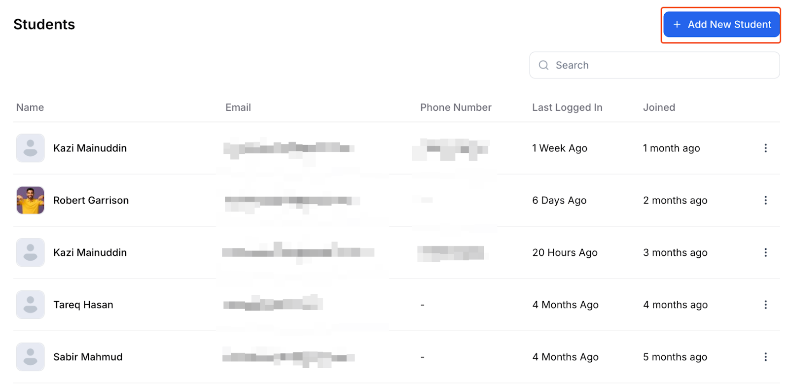 This image is a screenshot of Klasio New Student profile creation window with the Add New Student button in highlight.