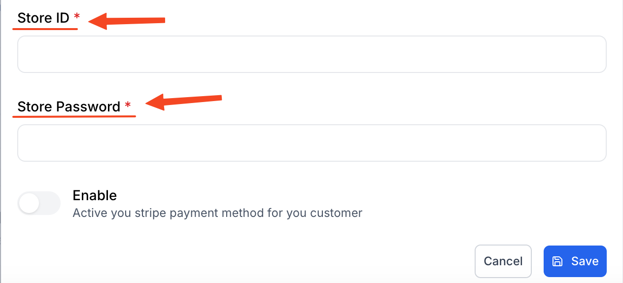 This image is a screenshot of Klasio SSLCommerz setup pop up with the option to insert Store ID and Store Password in highlight
