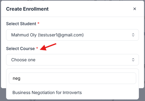 This image is a screenshot of Klasio Student Enrollments window with Select Course option in highlight
