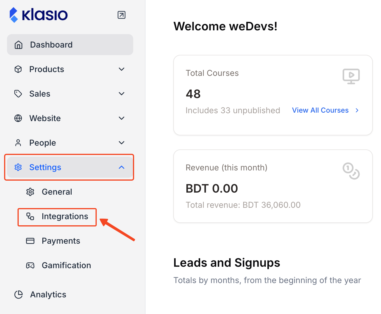 This image is a screenshot of Klasio admin dashboard with the Integrations tab in highlight.