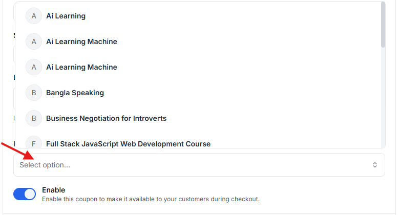 This image is a screenshot of Klasio coupon creation window with the option to select a specific course to apply the coupon in highlight.