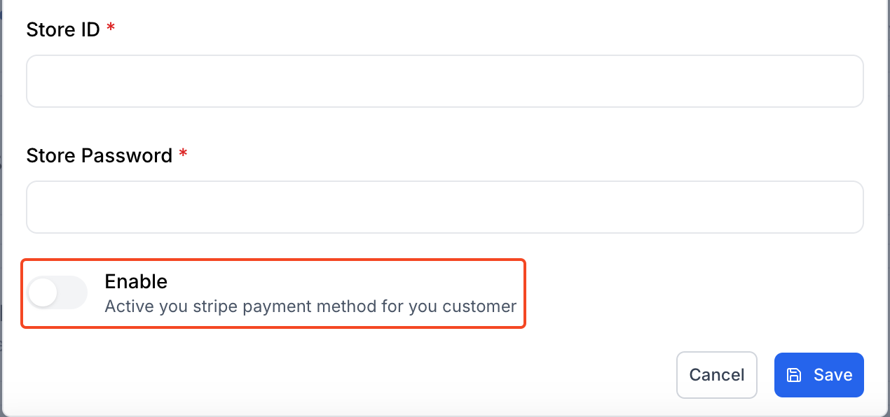 This image is a screenshot of Klasio SSLCommerz setup pop up with the option to enable SSLCommerz payment in highlight.