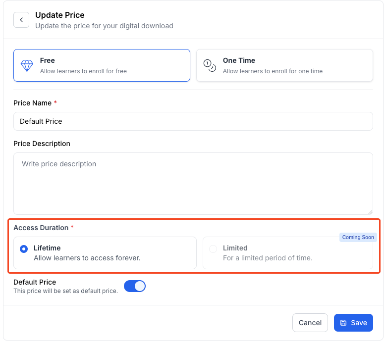 This image is a screenshot of Klasio digital downloads price configuration window with Price Access Duration selection option in highlight