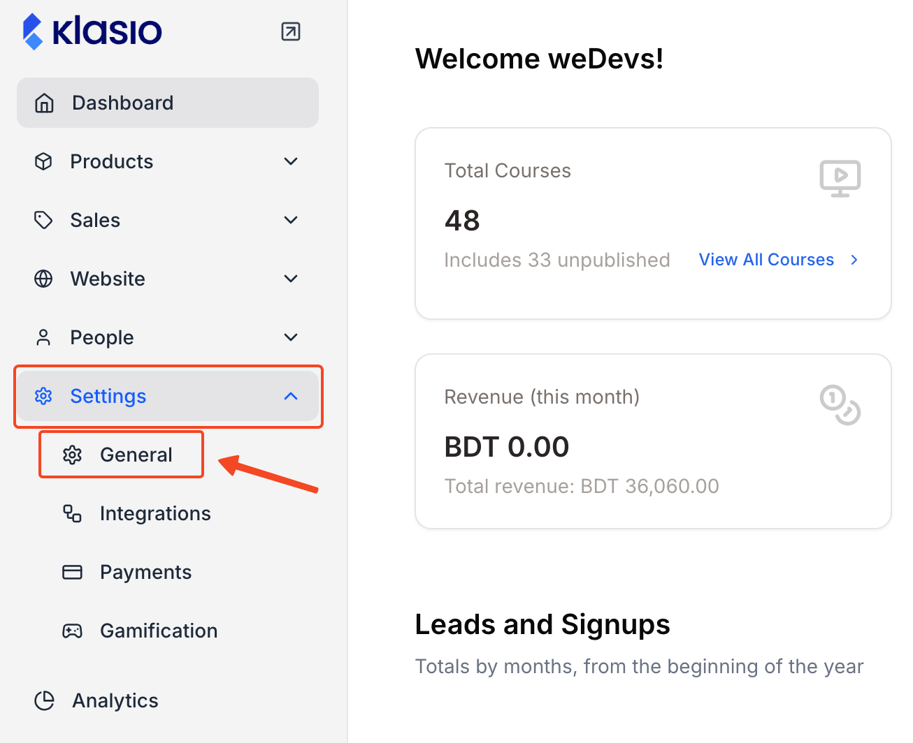 This image is a screenshot of Klasio admin dashbaord, with the General tab under Settings menu in highlight.