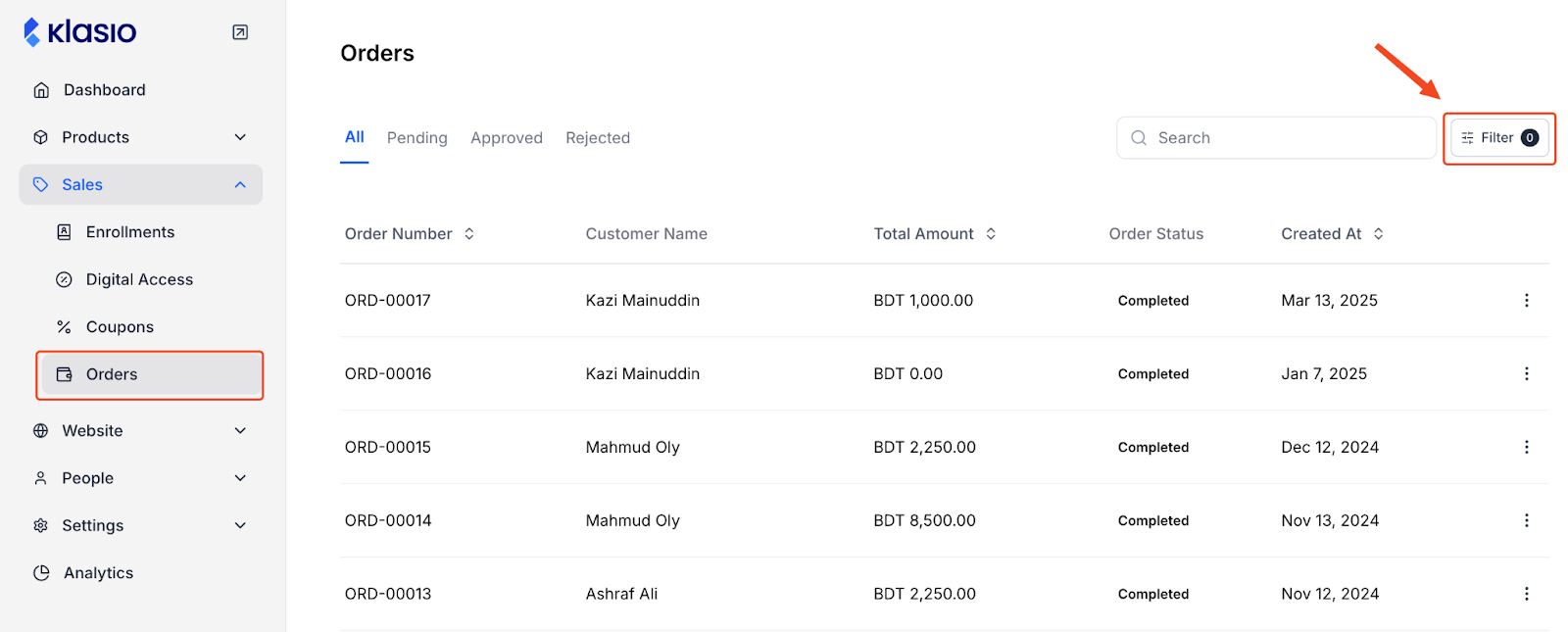 This image is a screenshot of Klasio orders menu with the filter button to find order data in highlight.