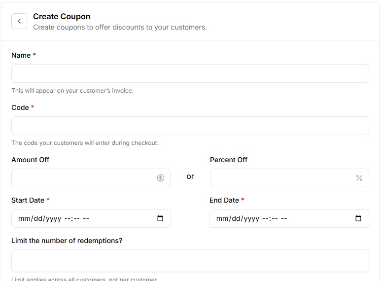 This image is a screenshot of Klasio coupon creation window with a form to input coupon name, code, amount/percentage off, start date, end date, redemptions limit etc. in highlight.