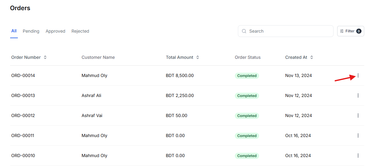 This image is a screenshot of Klasio orders menu with option button beside a specific order in highlight.