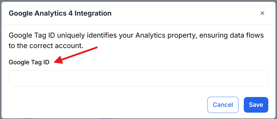This image is a screenshot of Klasio Google Analytics 4 Modal pop up with the option to insert Google Tag ID in highlight.