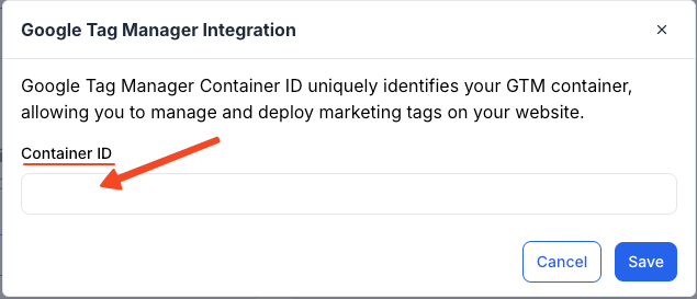 This image is a screenshot of Klasio Google Tag Manager Modal pop up with the option to insert Container ID in highlight.