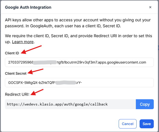 This image is a screenshot of Klasio integrations menu with Google Auth integration pop up.