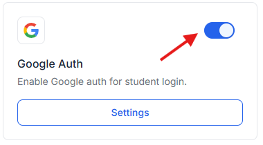 This image is a screenshot of Klasio integrations menu with Google Auth widget turn on toggle in highlight.