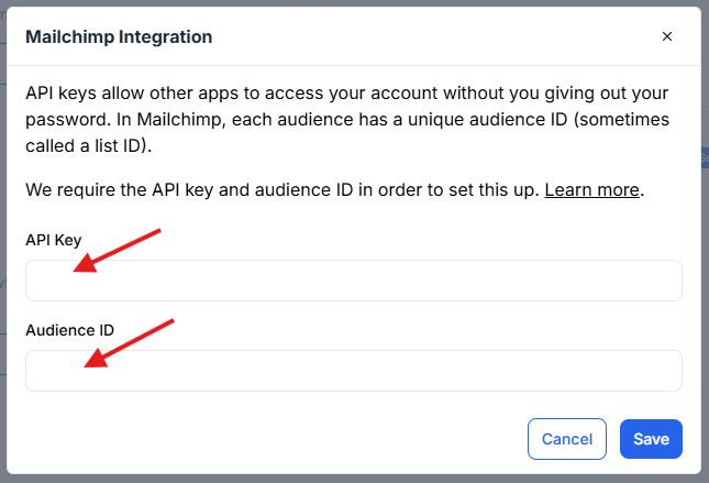 This image is a screenshot of Klasio Mailchimp integration modal pop up with the option to insert API key and Audeince ID in highlight.