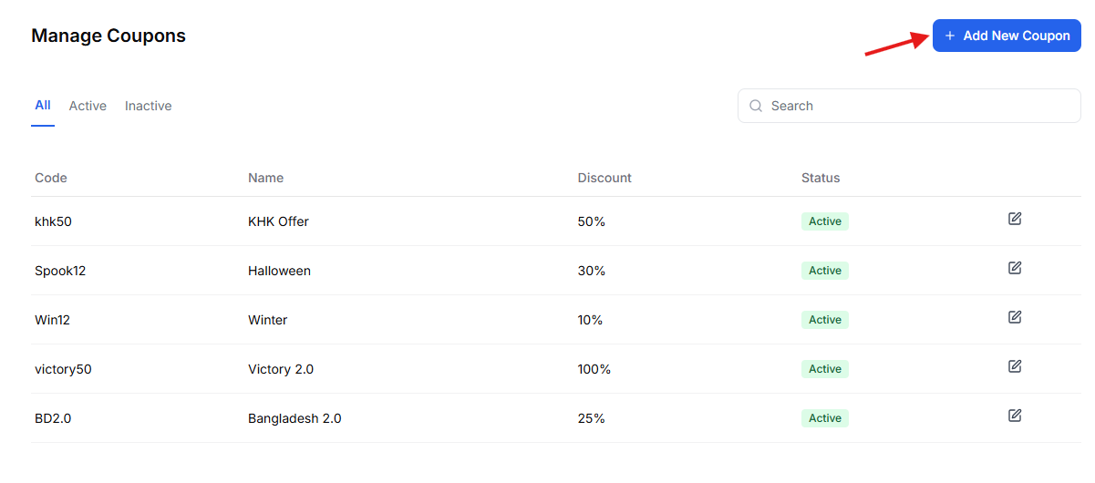 This image is ascreenshot of Klasio courpon creation window with Add New Coupon button in highlight.