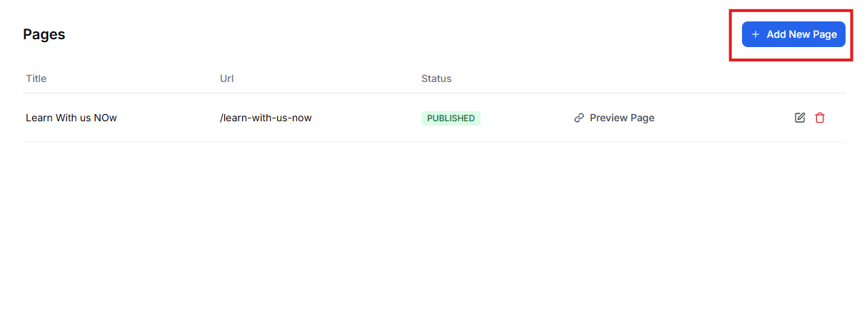 This image is a screenshot of Pages menu with the Add New Page button in highlight