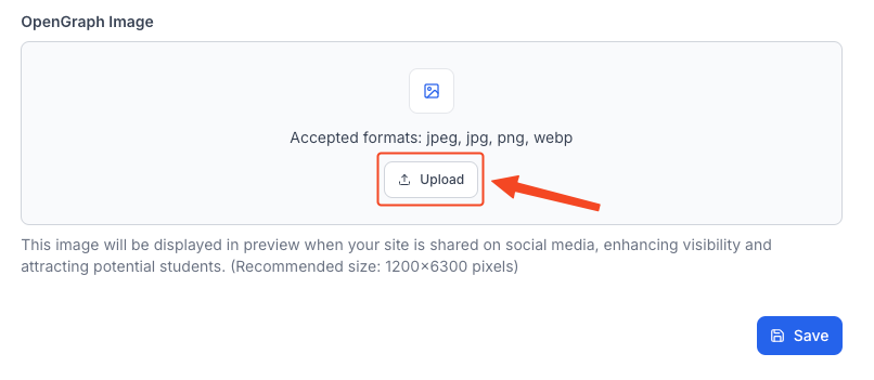 This image is a screenshot of OpenGraph image upload option inside the site settings tab under Klasio Website menu