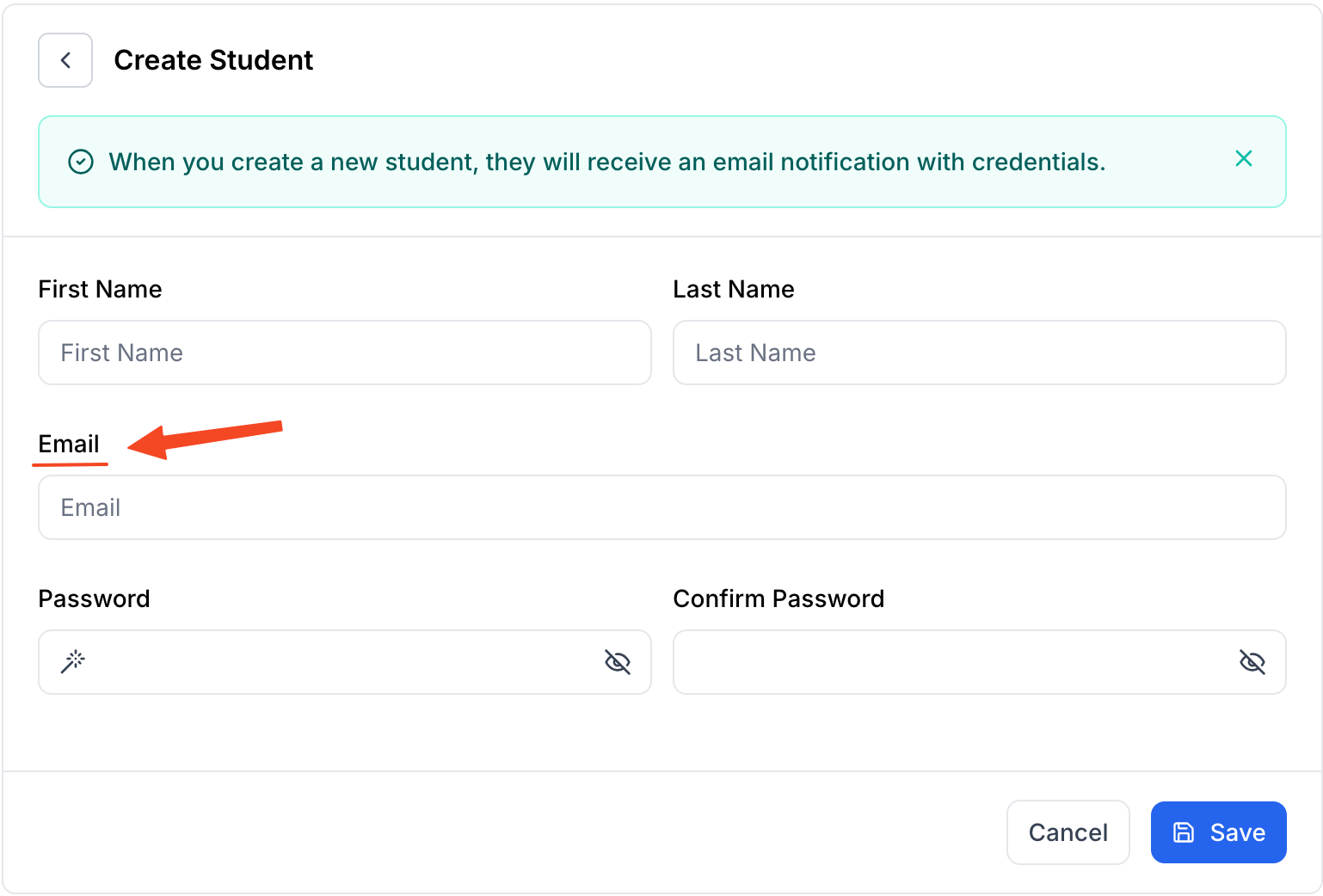 This image is a screenshot of Klasio New Student creation pop up with the option to insert student email address in highlight.
