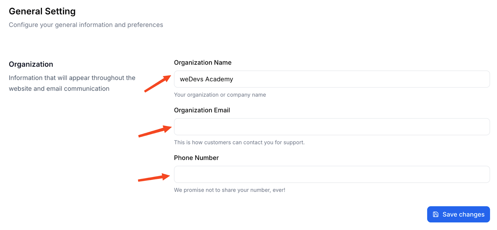 This image is a screenshot of Klasio Organization Details updating window with the option to change Organization Name, Email and Number in highlight.