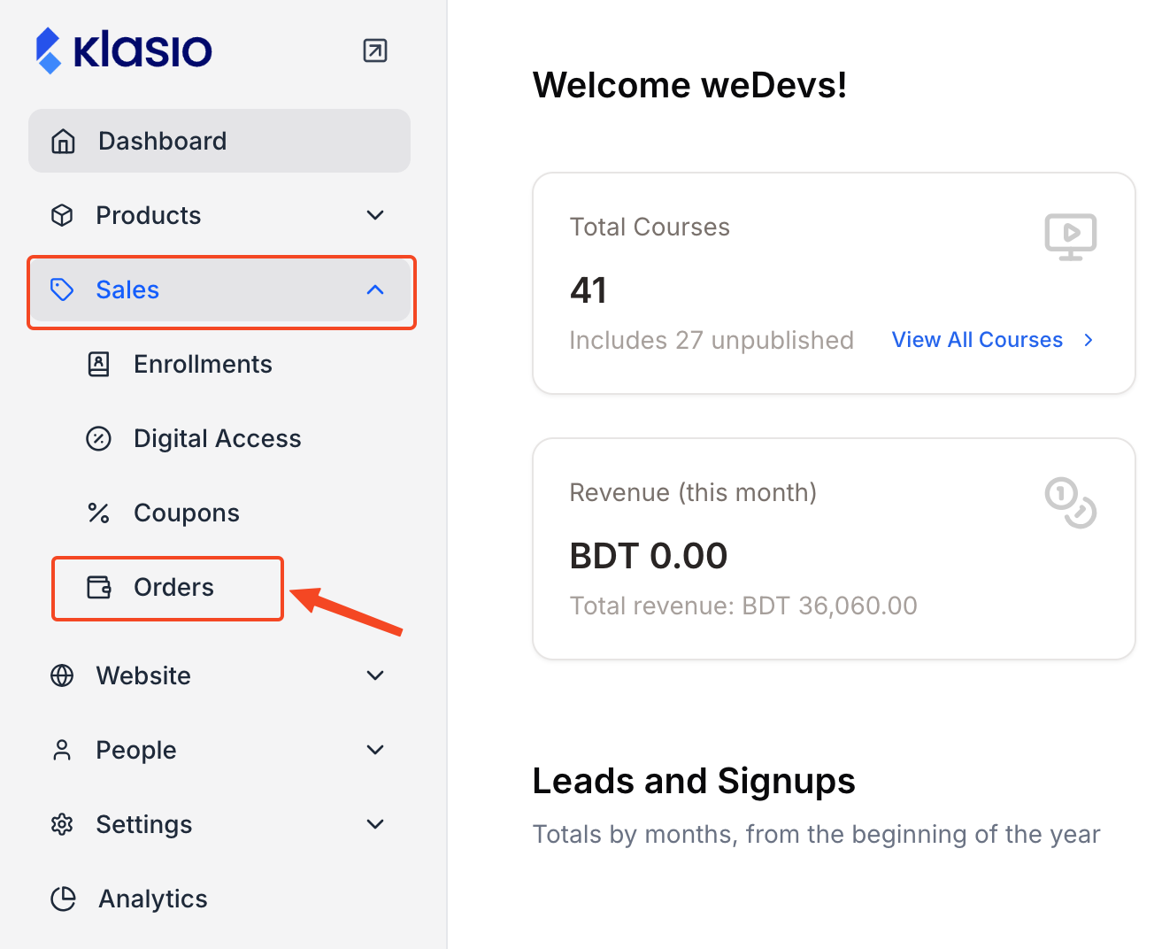 This image is a screenshot of Klasio navigation menu with Orders tab in highlight.