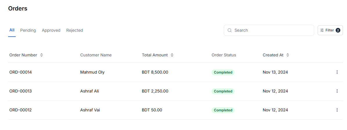 This image is a screenshot of Klasio orders menu with the orders for a specific time period in display.