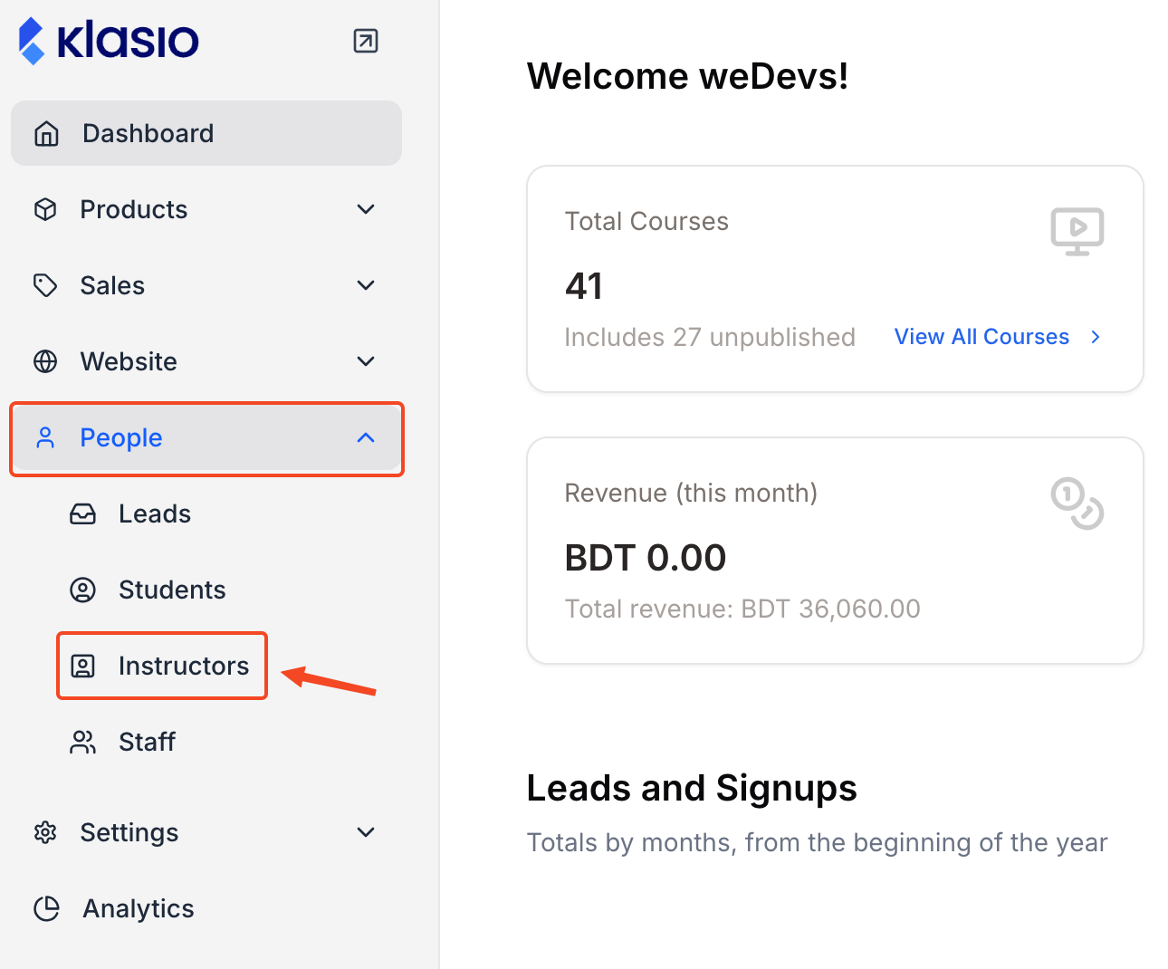 This image is a screenshot of Klasio navigation menu with Instructors tab under People in highlight.