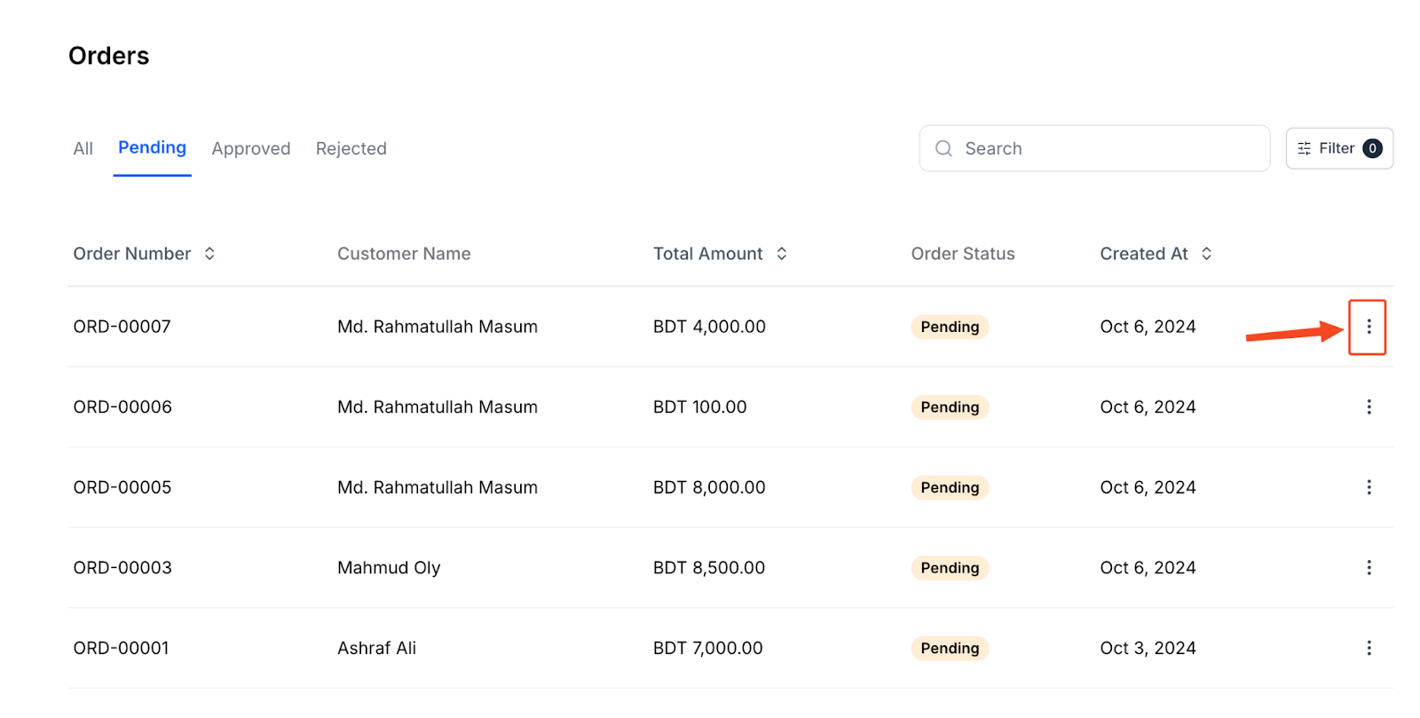 This image is a screenshot of Klasio Orders menu with the three dots beside a particular pending order in highlight.
