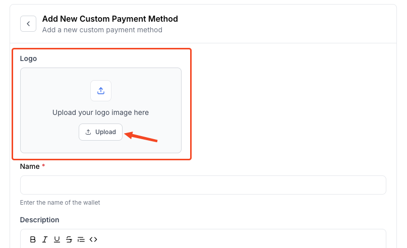 This image is a screenshot of Klasio Custom Payment Setup window with the option to upload merchant logo in highlight