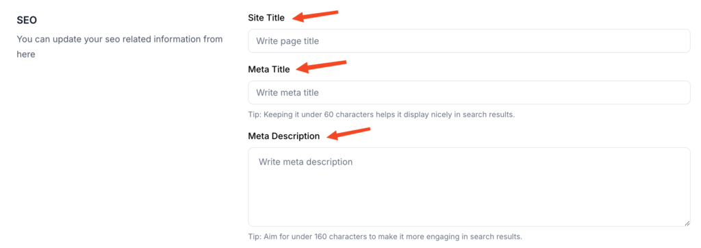 This image is a screenshot of SEO section under Klasio Site settings option.