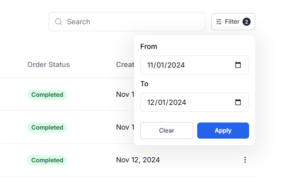 This image is a screenshot of Klasio orders menu with the modal pop up for inserting from date and to date in highlight.