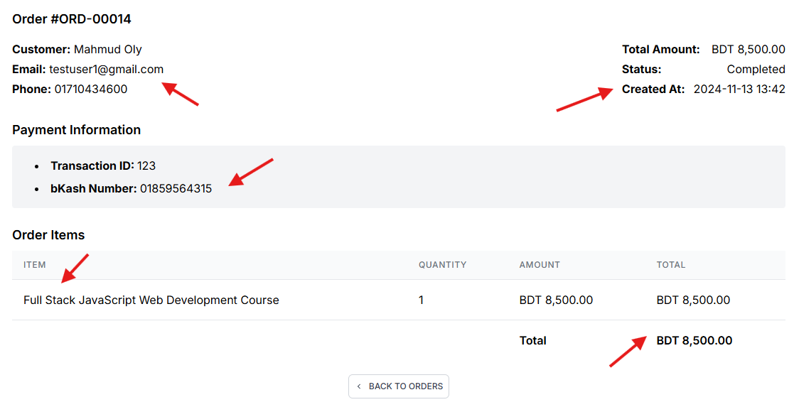 This image is a screenshot of Klasio order information of a specific customer.