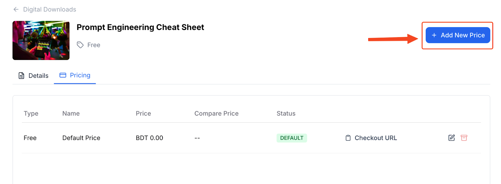 This image is a screenshot of Klasio digital downloads price configuration window with the Add New Price button in highlight