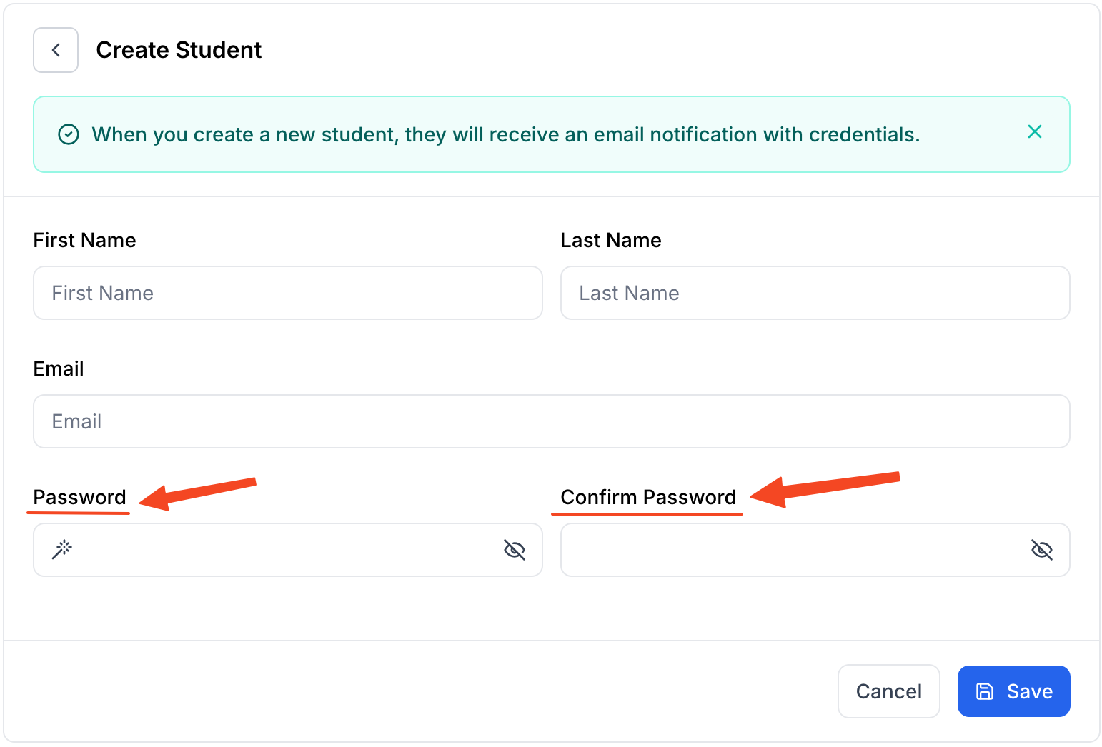 This image is a screenshot of Klasio New Student creation pop up with the option to set up a password in highlight.