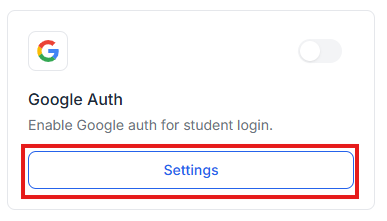 This image is a screenshot of Klasio integrations menu with the Settings button on Google Auth widget in highlight.