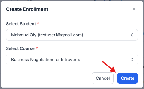This image is a screenshot of Klasio Student Enrollments window with Create button in highlight