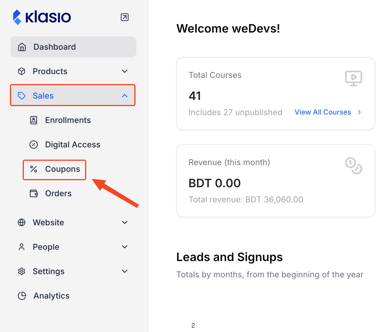 This image is a screenshot of Klasio navigation menu with Coupons in highlight.