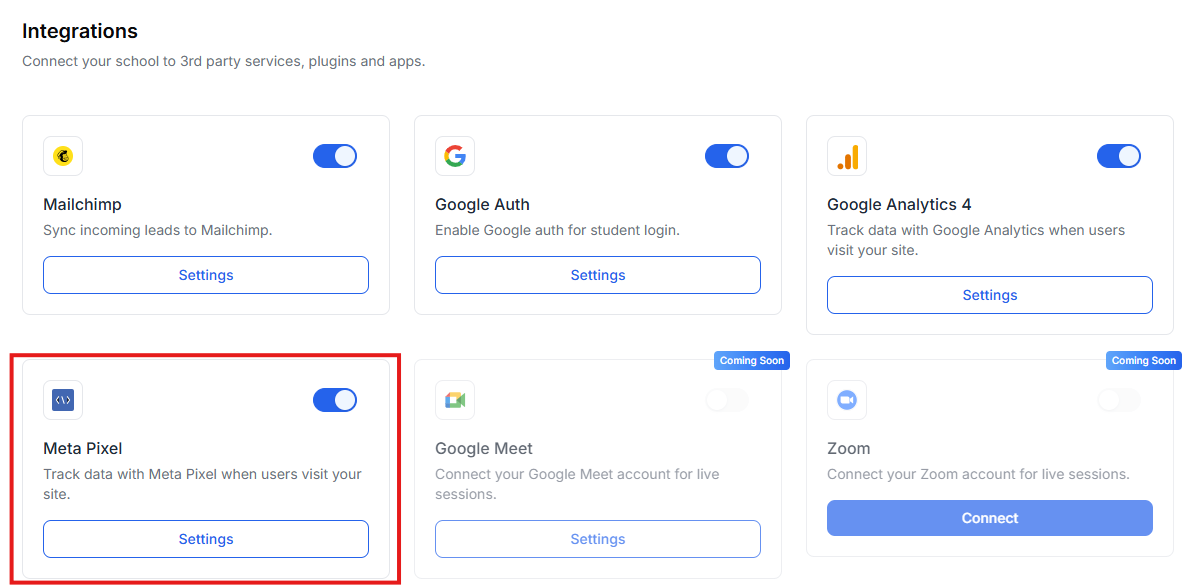This image is a screenshot of Klasio integrations tab under settings menu with the Meta Pixel widget in highlight.