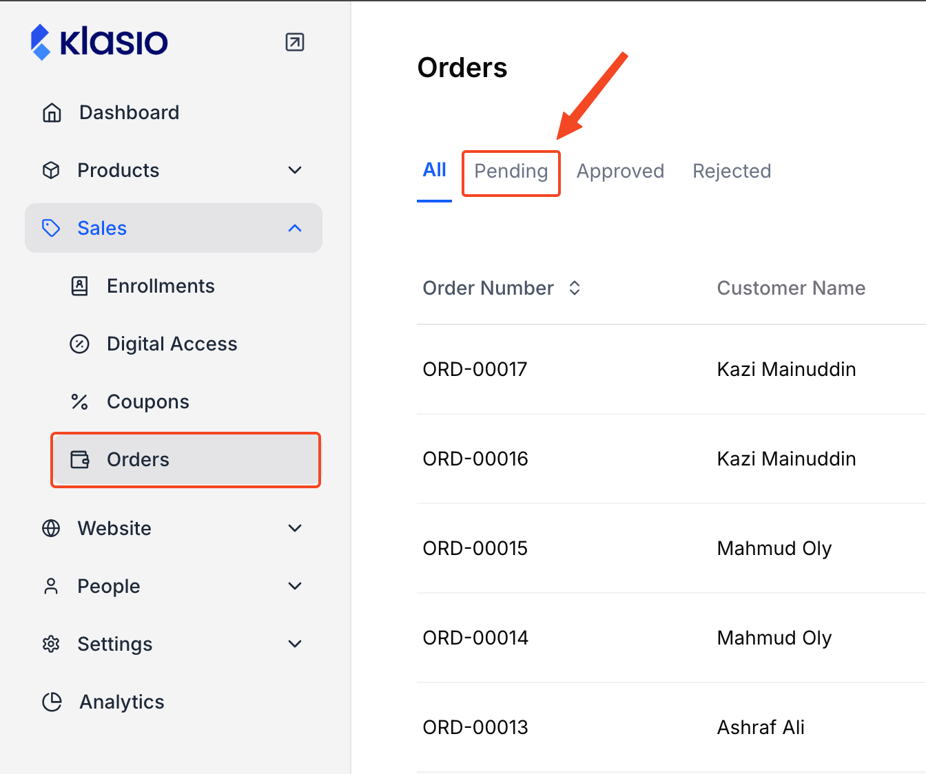 This image is a screenshot of Klasio Orders menu with the tab for pending orders in highlight.